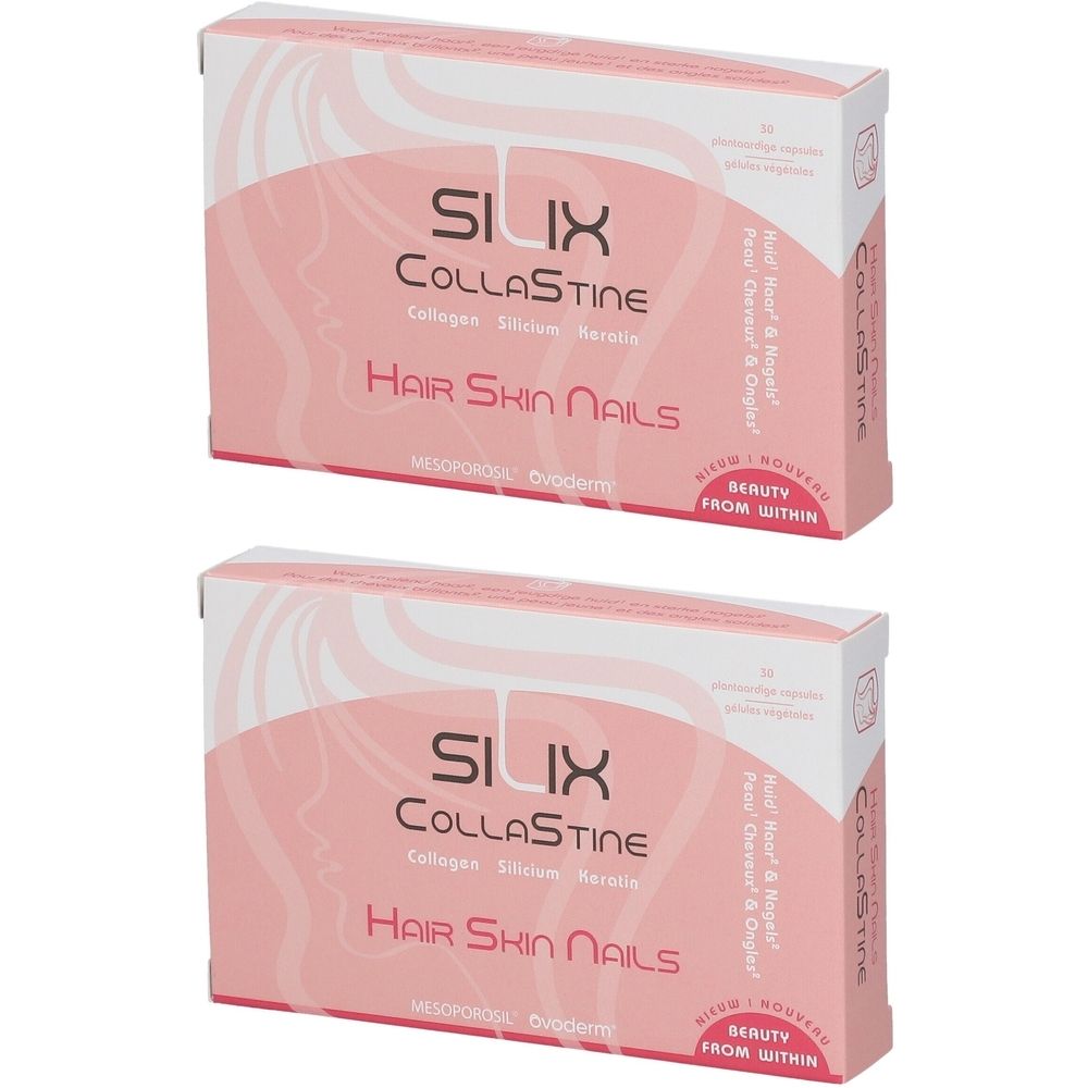 Zwei rosa Schachteln mit Produktaufdruck. Schriftzug: Silix Collastine, Collagen, Silizium, Keratin. Aufdruck: Hair Skin Nails.