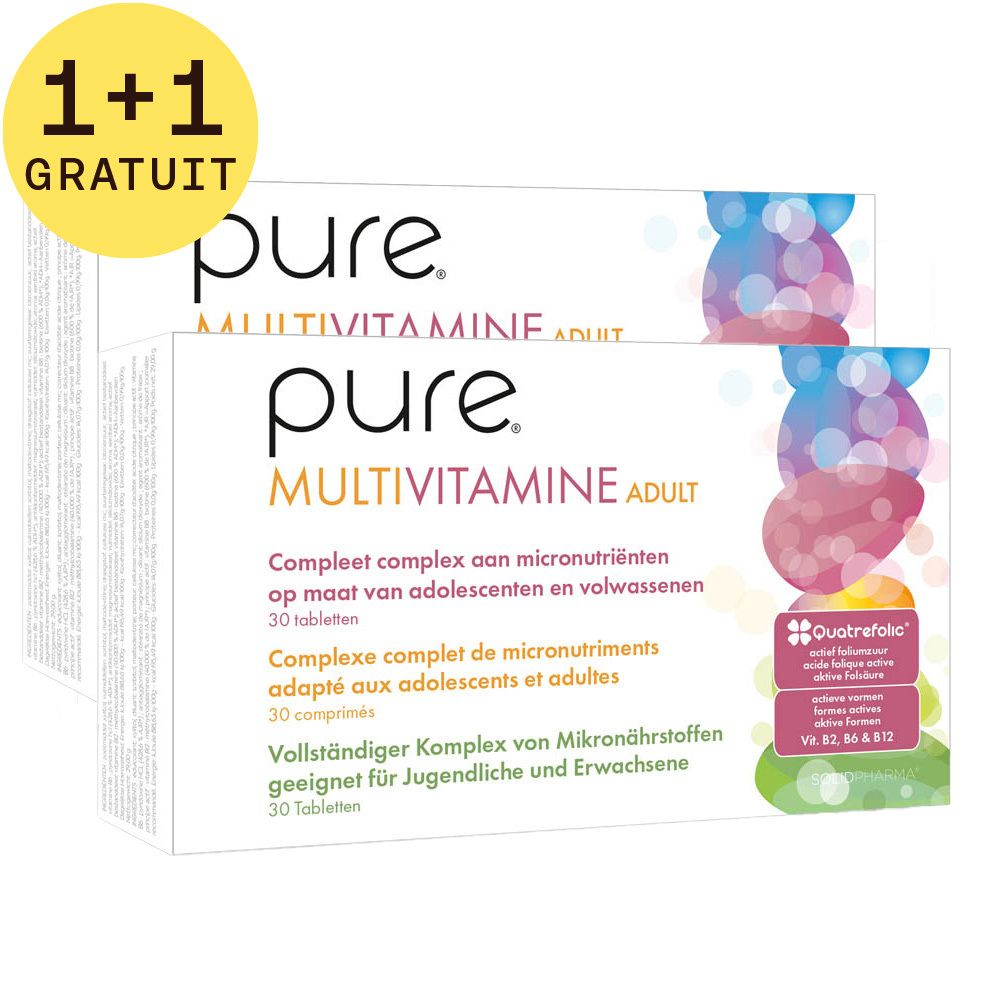 Deux boîtes blanches "pure MULTIVITAMINE ADULT" avec autocollant "1+1 GRATUIT". Texte en néerlandais, français et allemand. 30 comprimés.