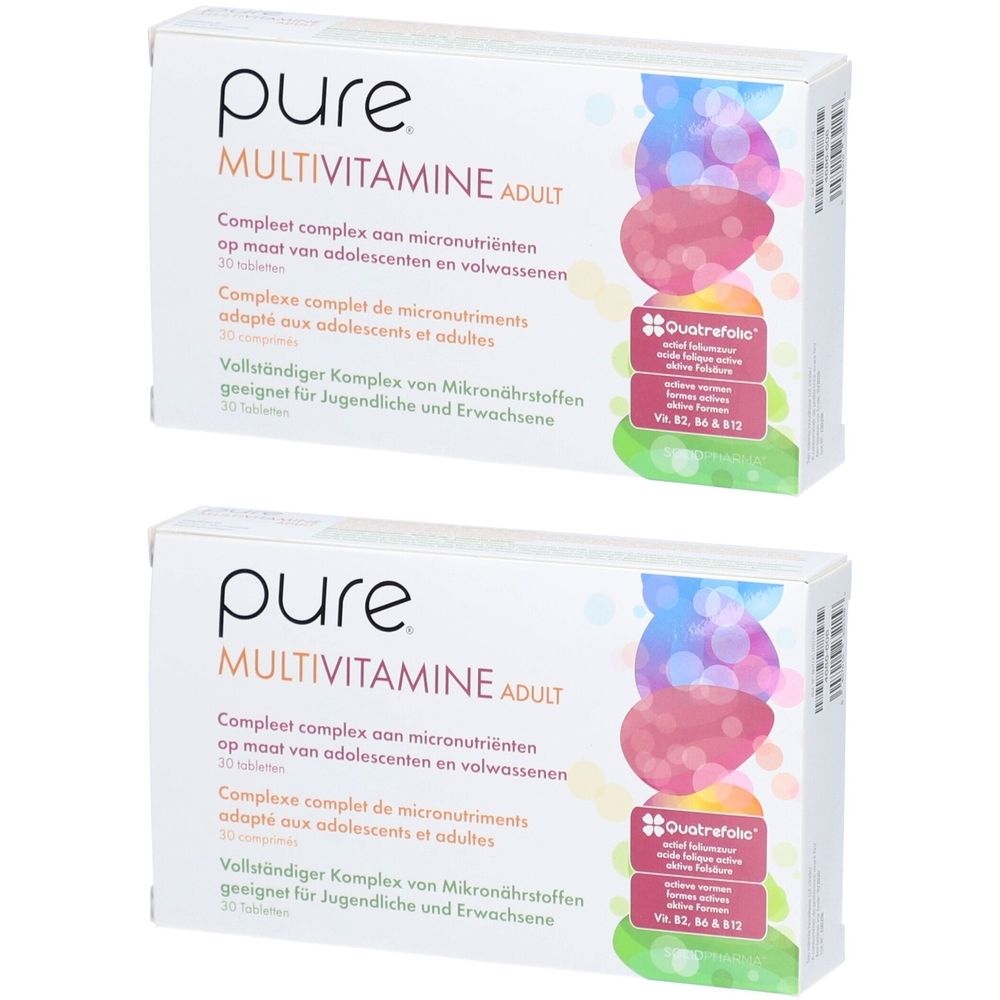 Zwei weiße Schachteln mit Aufschrift "pure MULTIVITAMINE ADULT". Text in Niederländisch, Französisch und Deutsch. 30 Tabletten.