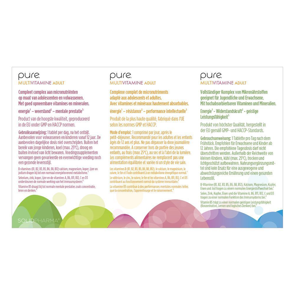 Avant d'une boîte de pure® Multivitamines Adult, 30 comprimés.