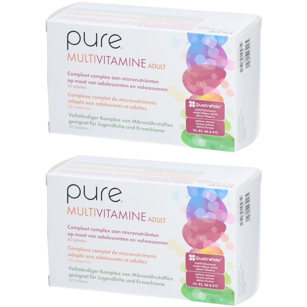 Zwei weiße Kartons mit "pure Multivitamine Adult". Aufdrucke in mehreren Sprachen. Mit "Quatrefolic" Logo.