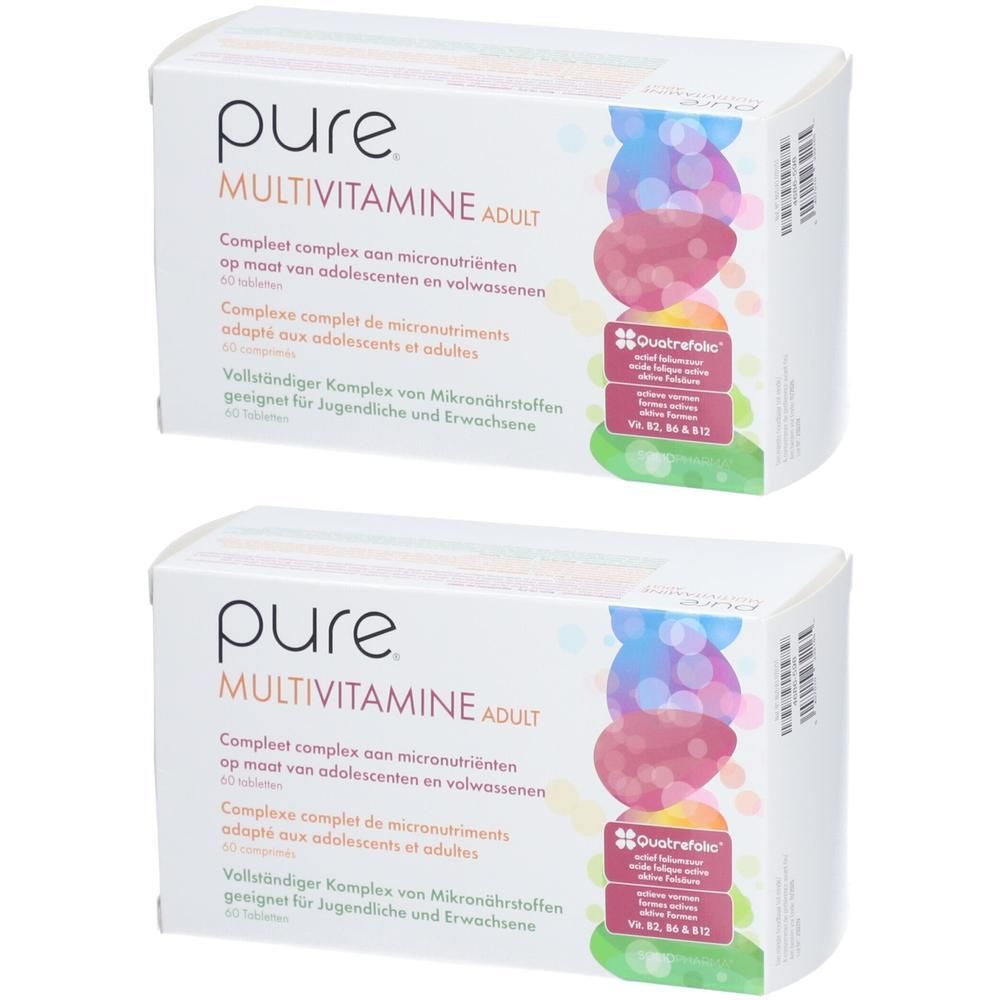 Zwei Packungen pure® Multivitamine Adult. Weiße Schachteln mit Produktnamen und bunten Grafiken. 60 Tabletten.