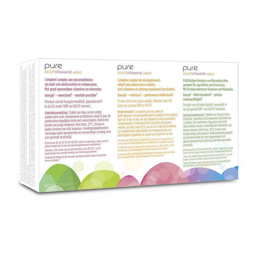 Deux boîtes de pure® Multivitamine Adult avec autocollant '1+1'. Boîtes blanches avec nom et graphiques colorés.