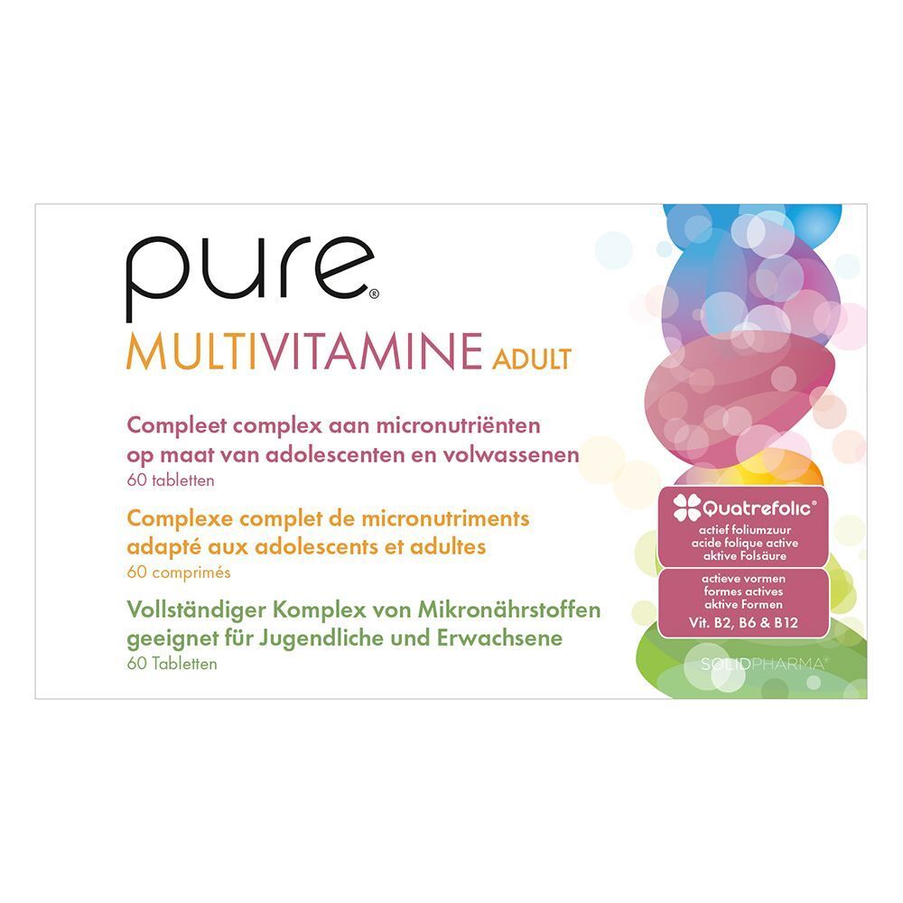Dos de trois boîtes de pure® Multivitamine Adult. Texte en allemand, français et néerlandais. Informations produit.
