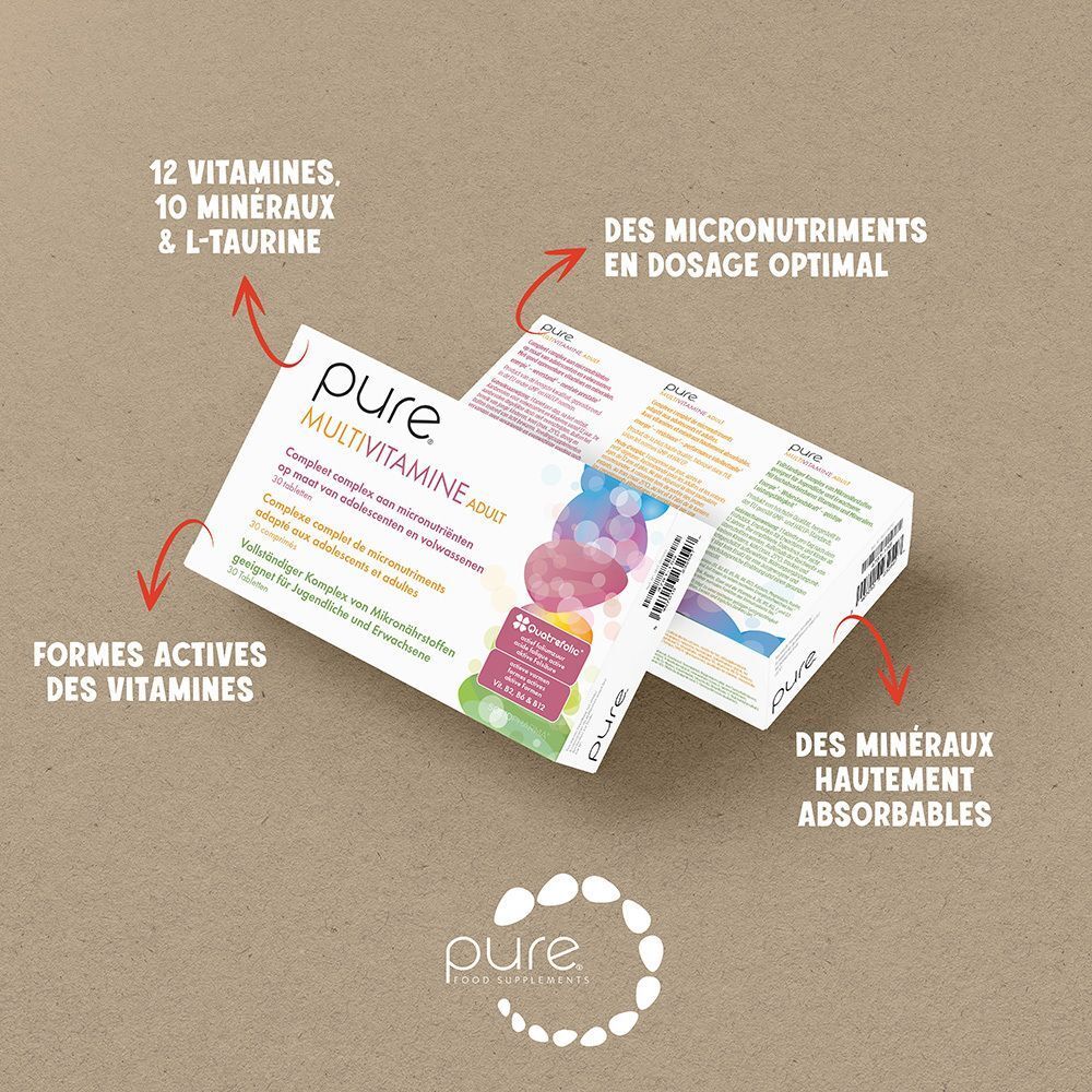 Dos d'une boîte de pure® Multivitamine Adult. Texte en allemand, français et néerlandais. Informations produit.