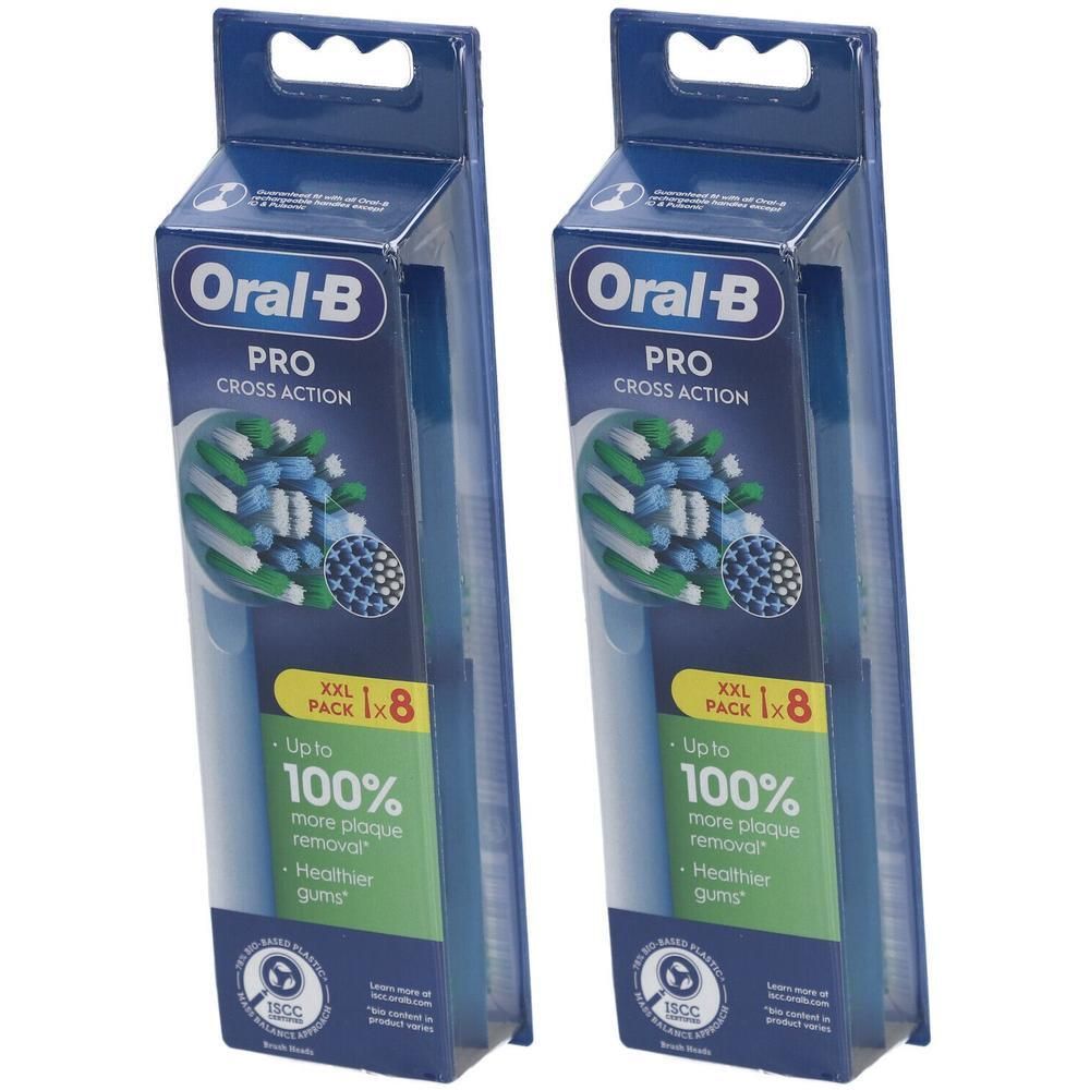 Zwei Packungen Oral-B Pro Cross Action Aufsteckbürsten, je 8 Stück. Blaue und grüne Borsten.