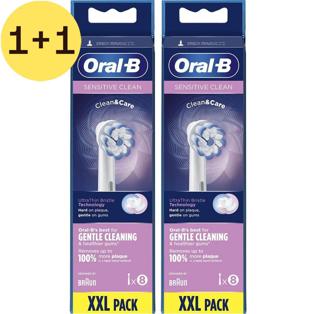 Deux paquets de têtes de brosse à dents. Oral-B Sensitive Clean. Paquet XXL de 8 pièces. Offre 1+1 gratuite.