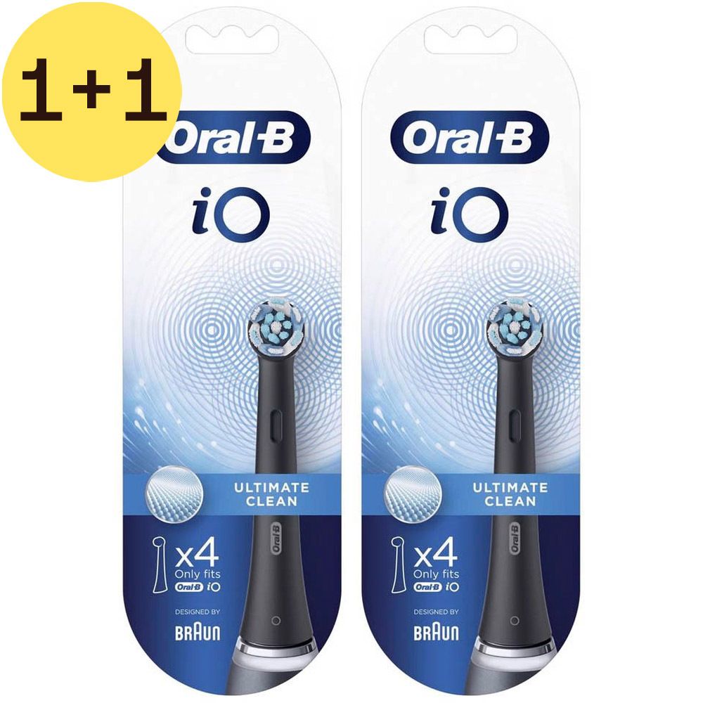 Deux paquets Oral-B iO Ultimate Clean Schwarz 4. Chaque paquet montre une brosse à dents noire avec quatre têtes. Texte: Ultimate Clean.