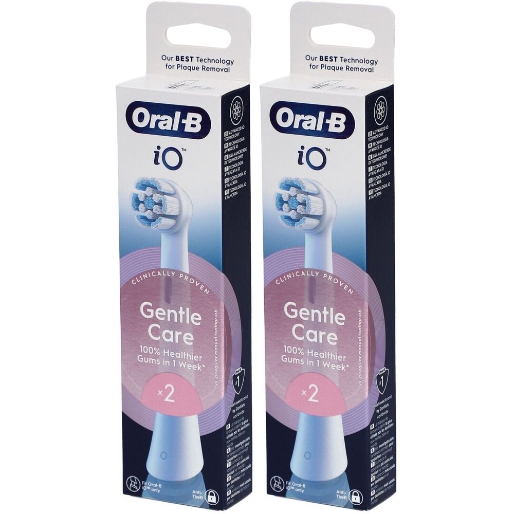Zwei Oral-B iO Aufsteckbürsten in Verpackung. "Gentle Care" und "2" auf der Verpackung. Oben "Our BEST Technology".