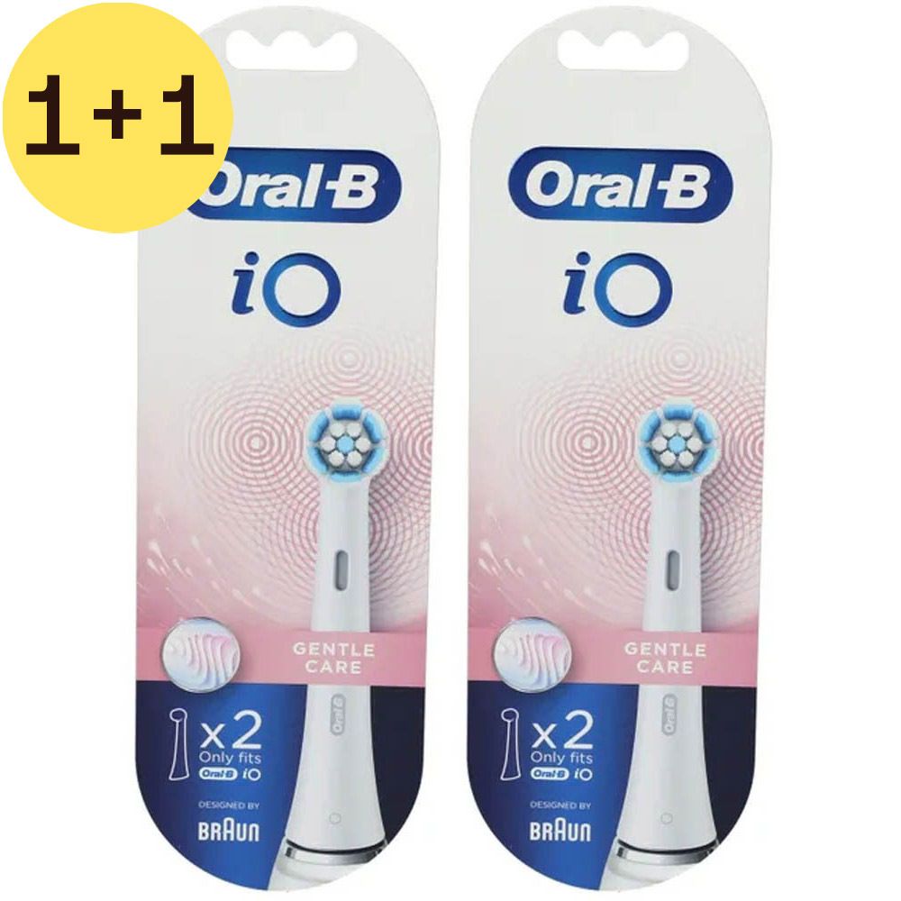 Deux têtes de brosse Oral-B iO dans leur emballage. "Gentle Care" et "2" sur l'emballage. Autocollant "1+1".