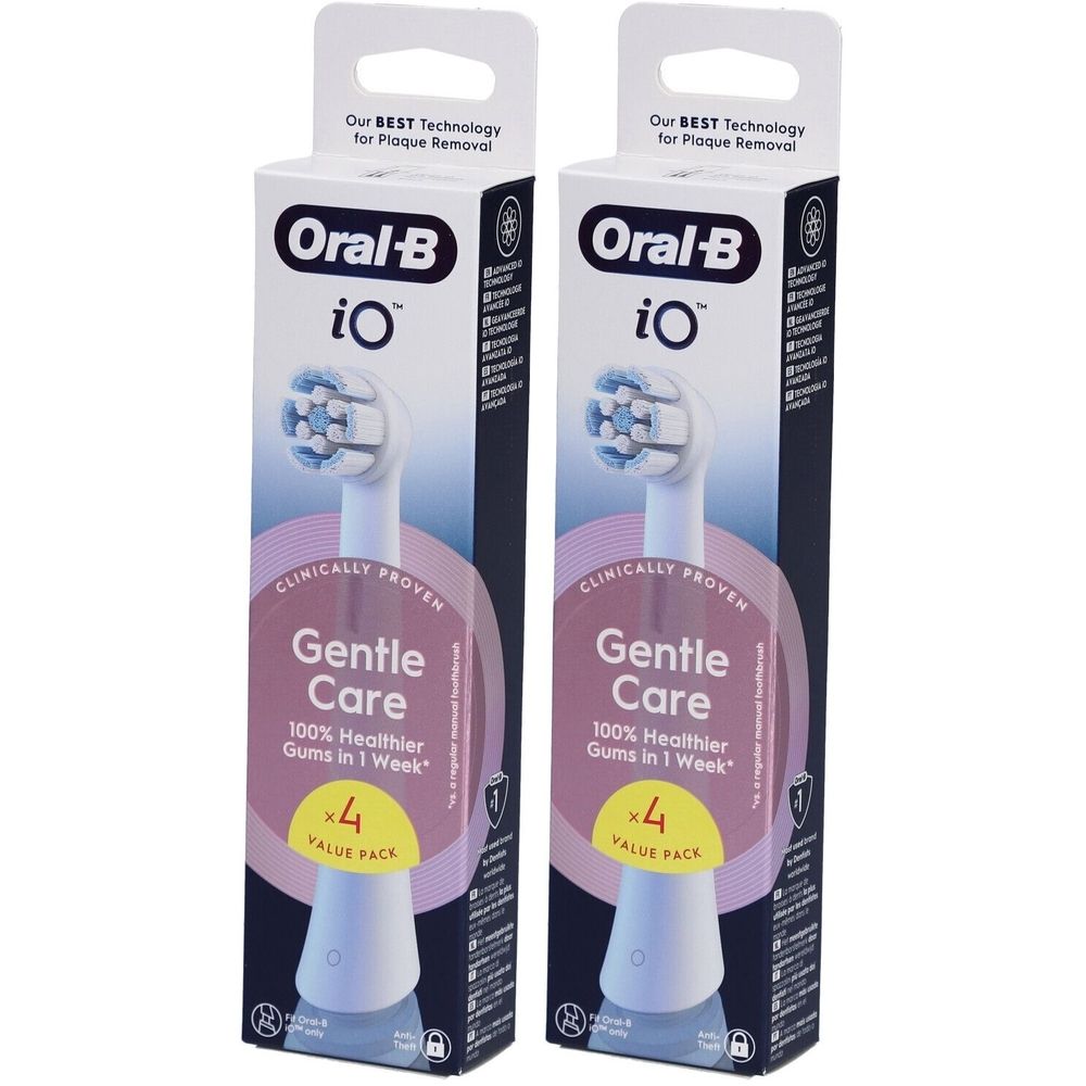 Zwei Oral-B iO Aufsteckbürsten-Verpackungen. Jede Packung enthält vier Bürstenköpfe. Text: Gentle Care, 100% gesünderes Zahnfleisch in 1 Woche.