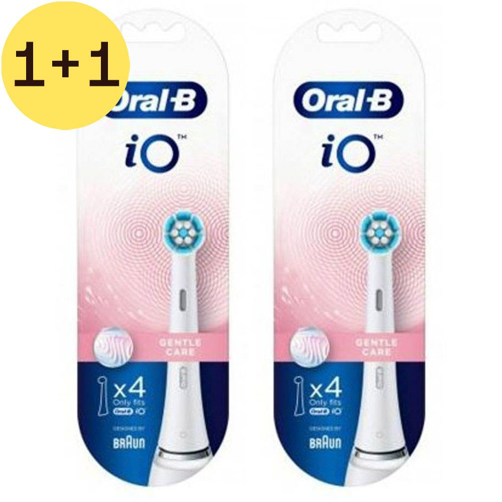 Deux paquets de têtes de brosse Oral-B iO. Chaque paquet contient quatre têtes. Texte : Gentle Care, 100% des gencives plus saines en 1 semaine.