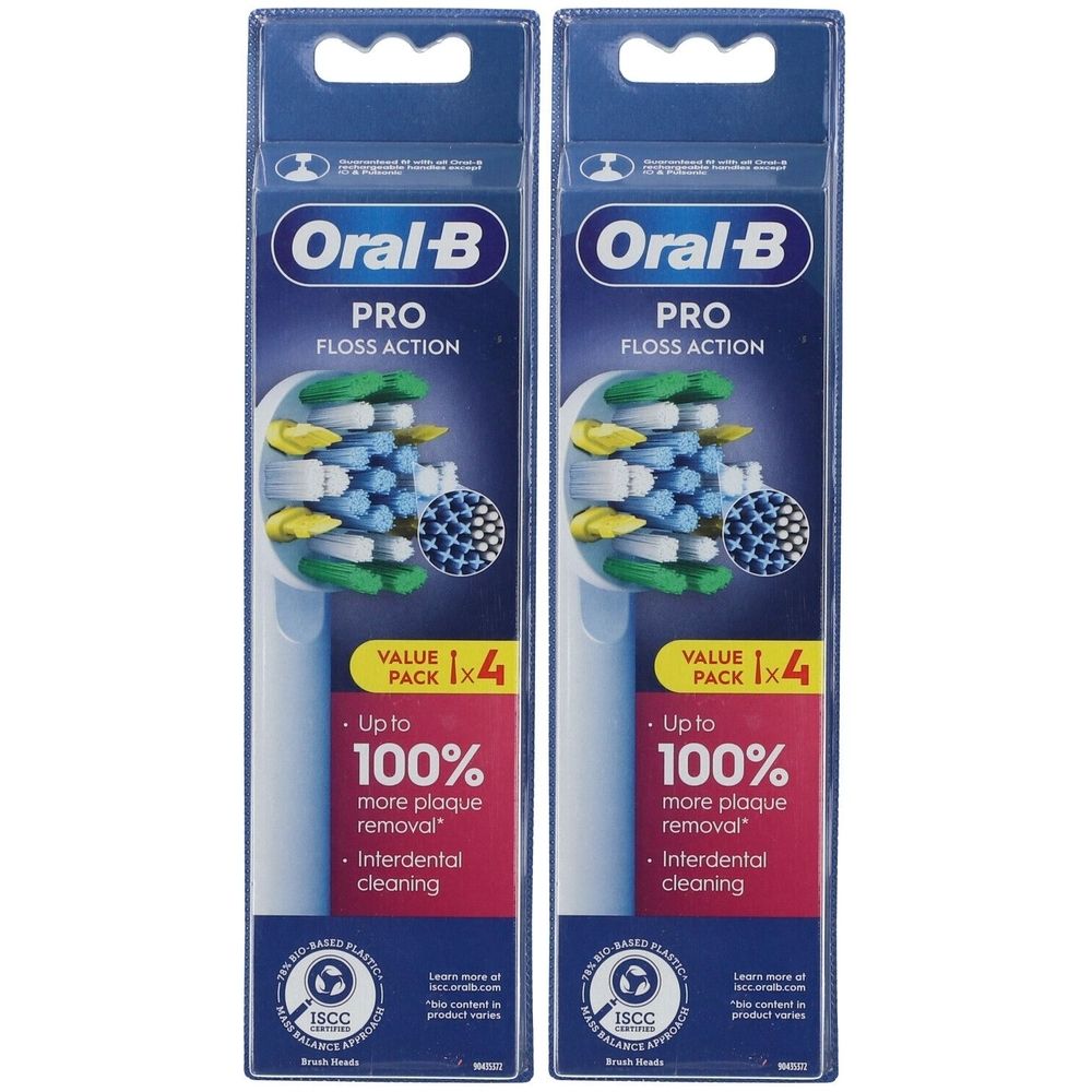 Zwei Packungen Oral-B Pro Floss Action Bürstenköpfe. Jede Packung enthält 4 Köpfe. Sichtbar: Markenname, Produktname, und Eigenschaften.