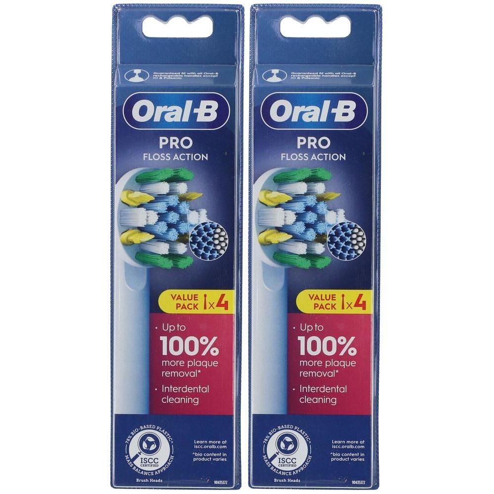 Zwei Packungen Oral-B Pro Floss Action Aufsteckbürsten. Jede Packung enthält 4 Bürstenköpfe für bis zu 100% mehr Plaque-Entfernung.