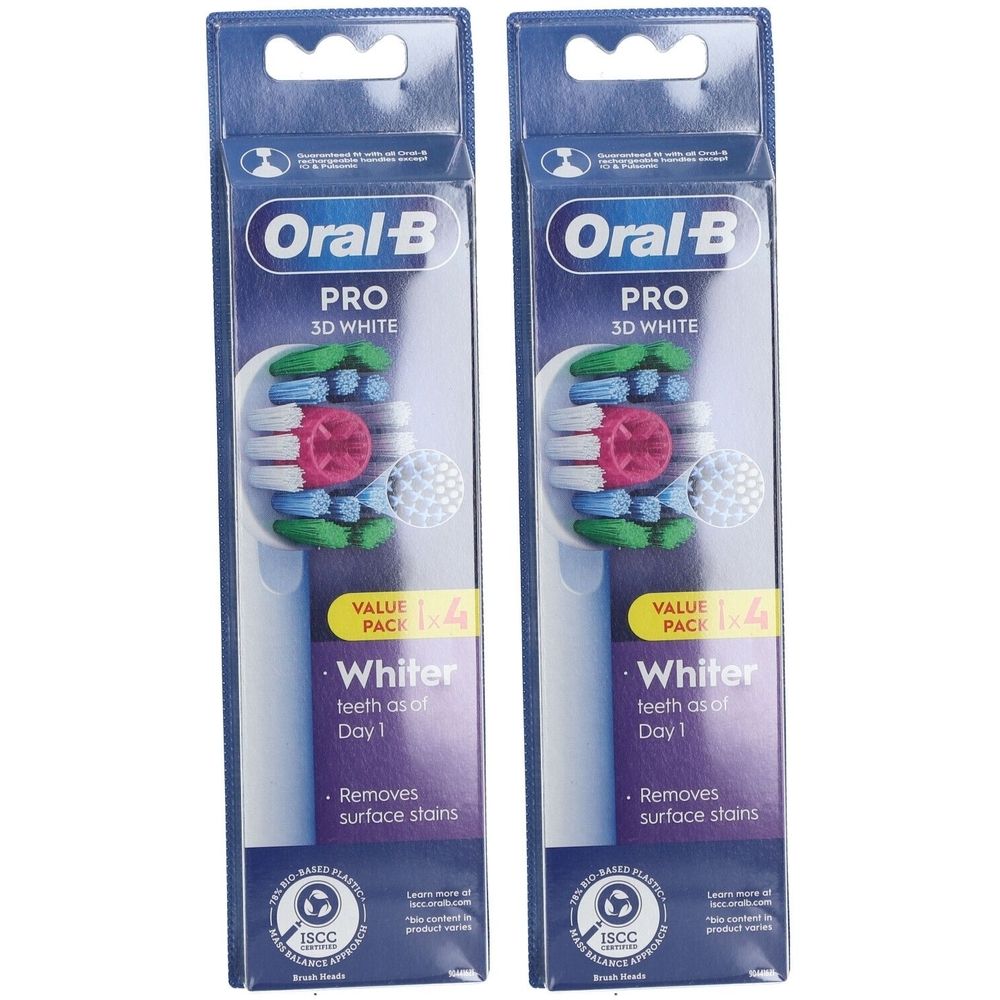 Zwei Packungen ORAL-B Pro 3D White Ersatzbürstenköpfe. Blaue Verpackung mit Produktabbildung und Text. ISCC-Zertifizierung.