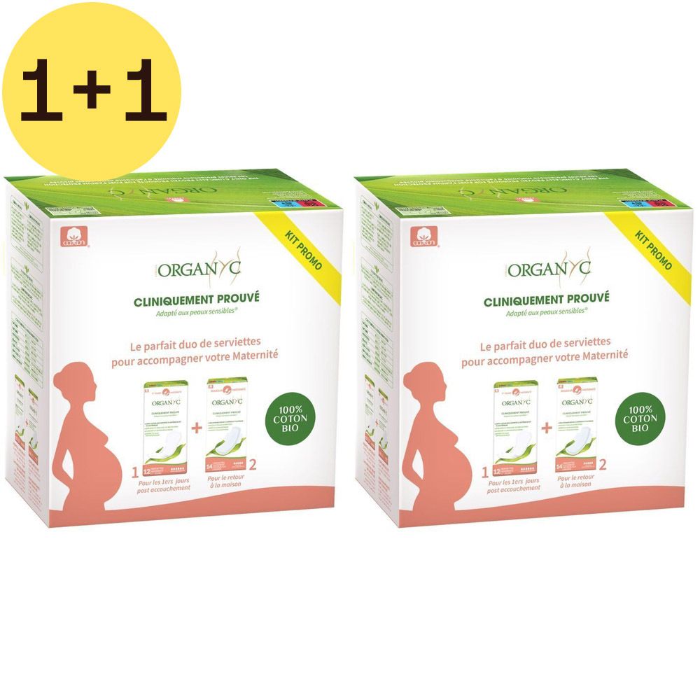 Deux boîtes Organyc Mutterschaft Pack. Boîtes blanches avec éléments verts et roses. Inscriptions : Organyc, 100% coton bio. Autocollant jaune : 1+1.