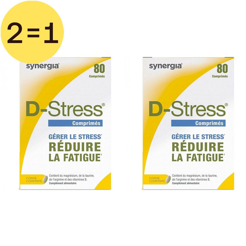 Deux boîtes de comprimés D-Stress. Design jaune et blanc avec nom et texte du produit. Autocollant 2=1.