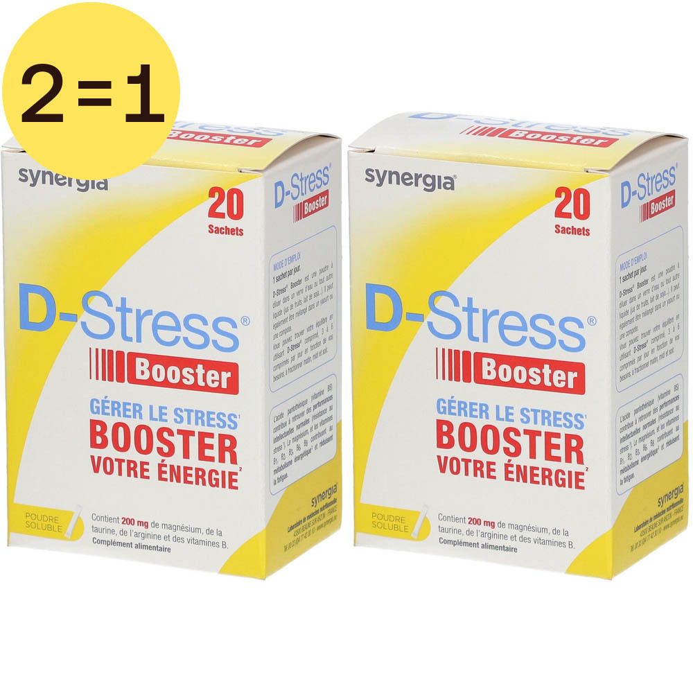 Zwei Schachteln D-Stress Booster Poudre. Gelbe Verpackung mit blauer und roter Schrift. 20 Sachets.