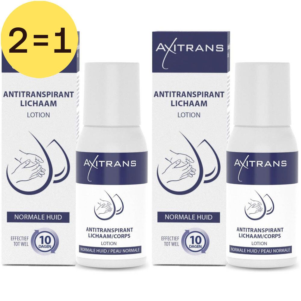Deux flacons et deux boîtes. Inscription: Axitrans, lotion anti-transpirante. Label jaune 2=1. Emballage avec 10 jours.