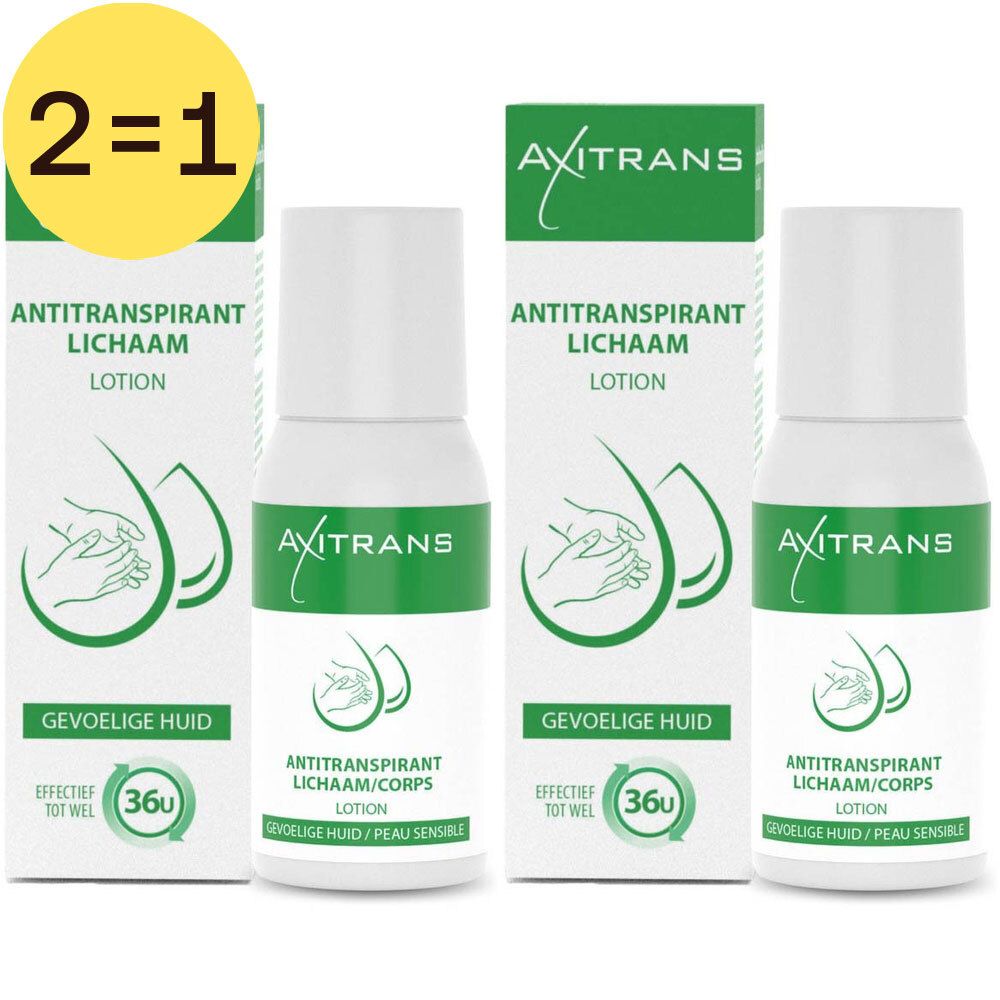 Deux flacons et deux boîtes. Inscription: Axitrans, anti-transpirant, peau sensible. Étiquette jaune 2=1.