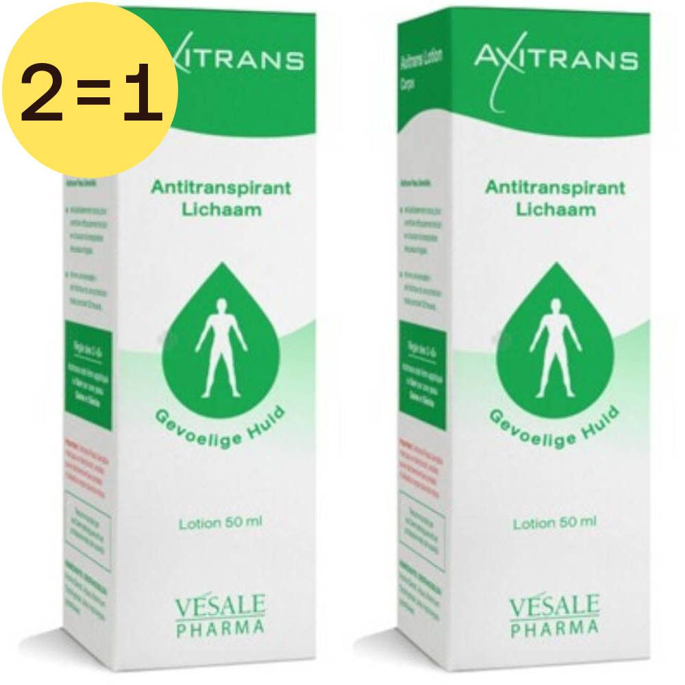 Deux boîtes blanches avec texte vert. Inscription: Axitrans, anti-transpirant, peau sensible. Étiquette jaune 2=1.