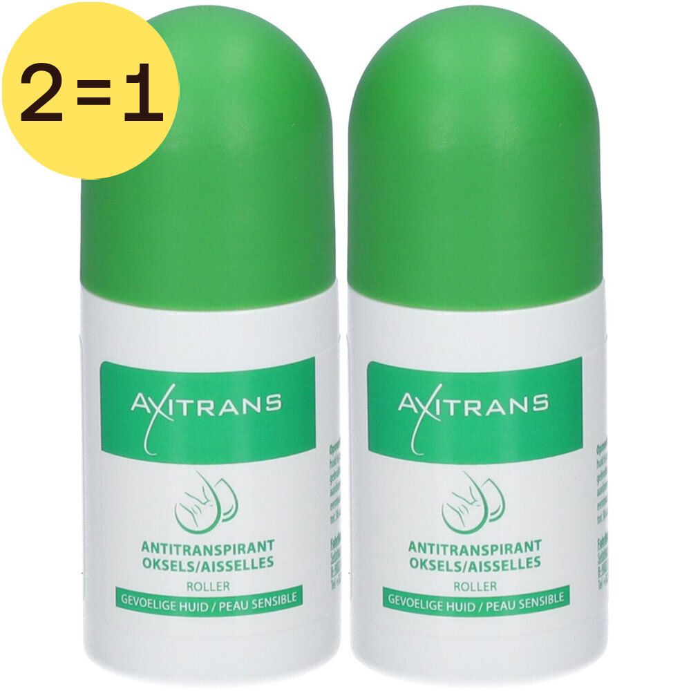 Deux roll-ons blancs à capuchons verts. Inscription: Axitrans, Antitranspirant, peau sensible. Étiquette jaune 2=1.