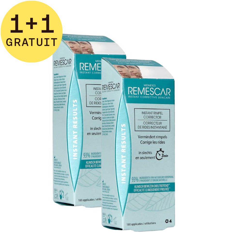 Deux emballages de produit avec texte 1+1 GRATUIT. Texte: Instant Corrective Skincare, Correcteur de Rides Instantané, 93% ingrédients naturels.