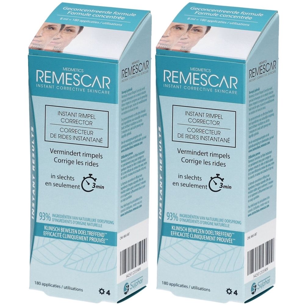 Zwei Schachteln mit Produktaufdrucken. Text: Instant Corrective Skincare, Instant Rimpel Corrector, 93% Inhaltsstoffe natürlichen Ursprungs.