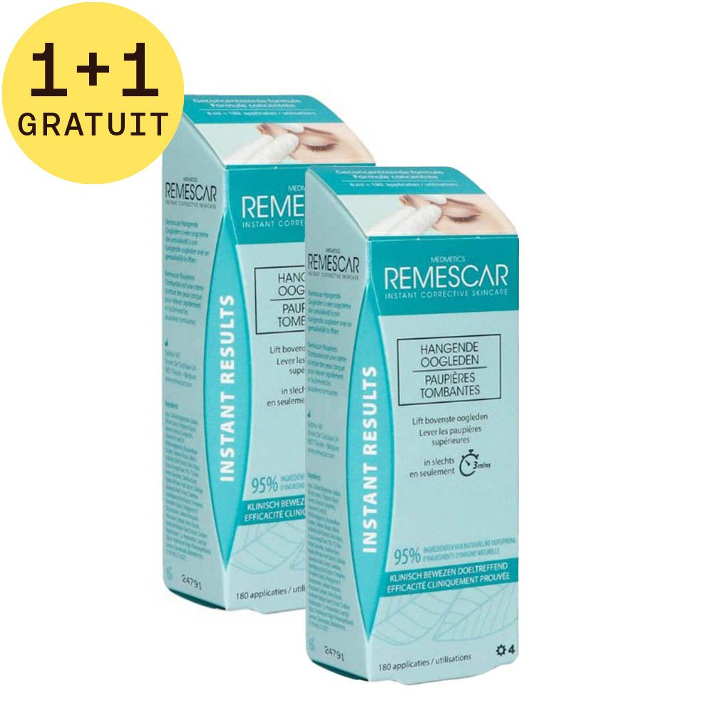 Deux boîtes Remescar. Inscription: HANGENDE OOGLEDEN, PAUPIERES TOMBANTES. 95% cliniquement prouvé. Avec image d'un œil. 1+1 GRATUIT.