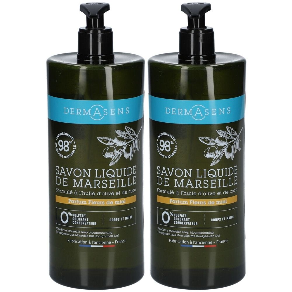 Zwei grüne Flaschen mit schwarzem Spender. Blaue Banderole mit weißer Schrift: DERMASENS. Aufschrift: Savon Liquide de Marseille.