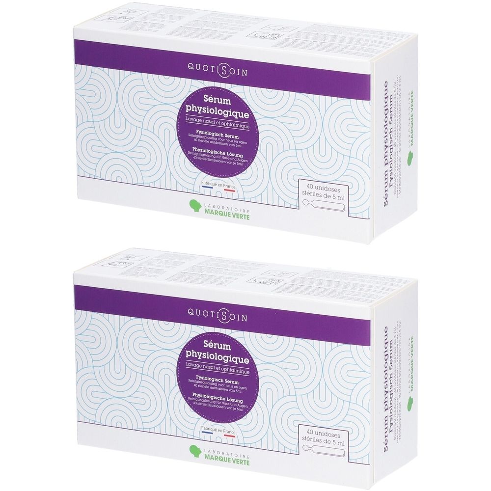 Deux boîtes de Marque Verte Sérum Physiologique. Blanc, liseré violet. Texte: Sérum physiologique, 40 unidoses.