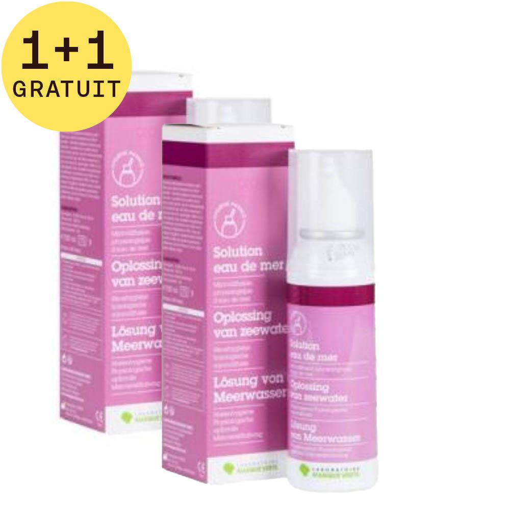 Deux flacons roses avec vaporisateur blanc, à côté de deux boîtes roses. Cercle jaune avec texte: 1+1 GRATUIT.