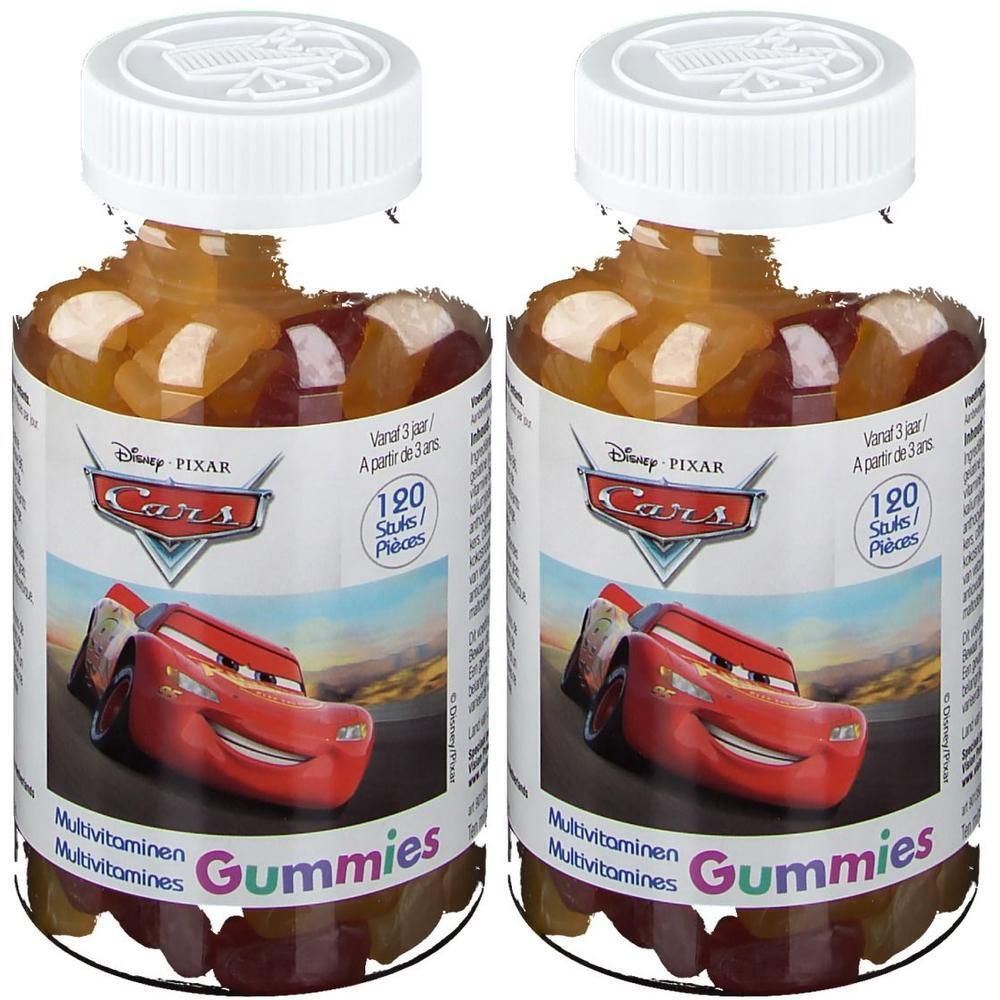 Zwei Flaschen mit Multivitamin-Gummibärchen. Aufkleber mit Disney Cars-Motiv und Schriftzug 'Gummies'. Jede Flasche enthält 120 Stück.