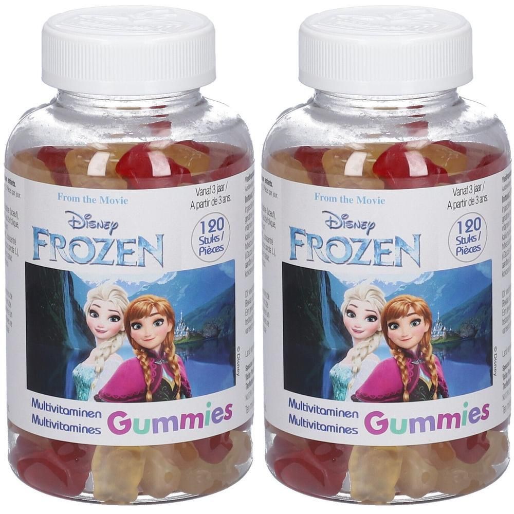 Zwei Flaschen mit Gummibärchen. Aufschrift: Disney Frozen, Multivitamine Gummies. 120 Stück.