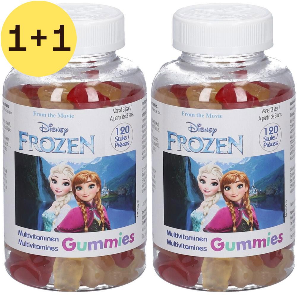 Deux flacons de bonbons gélifiés. Inscription: Disney Frozen, Multivitamines Gummies. 120 pièces.