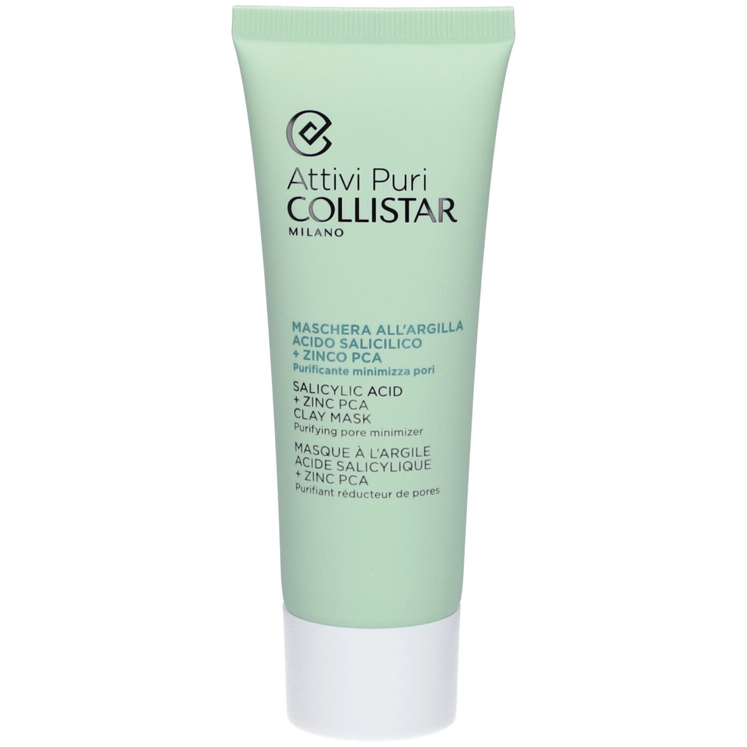 Grüne Tube mit Produktnamen und Logo. Text: Maschera all'Argilla, Acido Salicilico + Zinco PCA. Marke: Collistar.