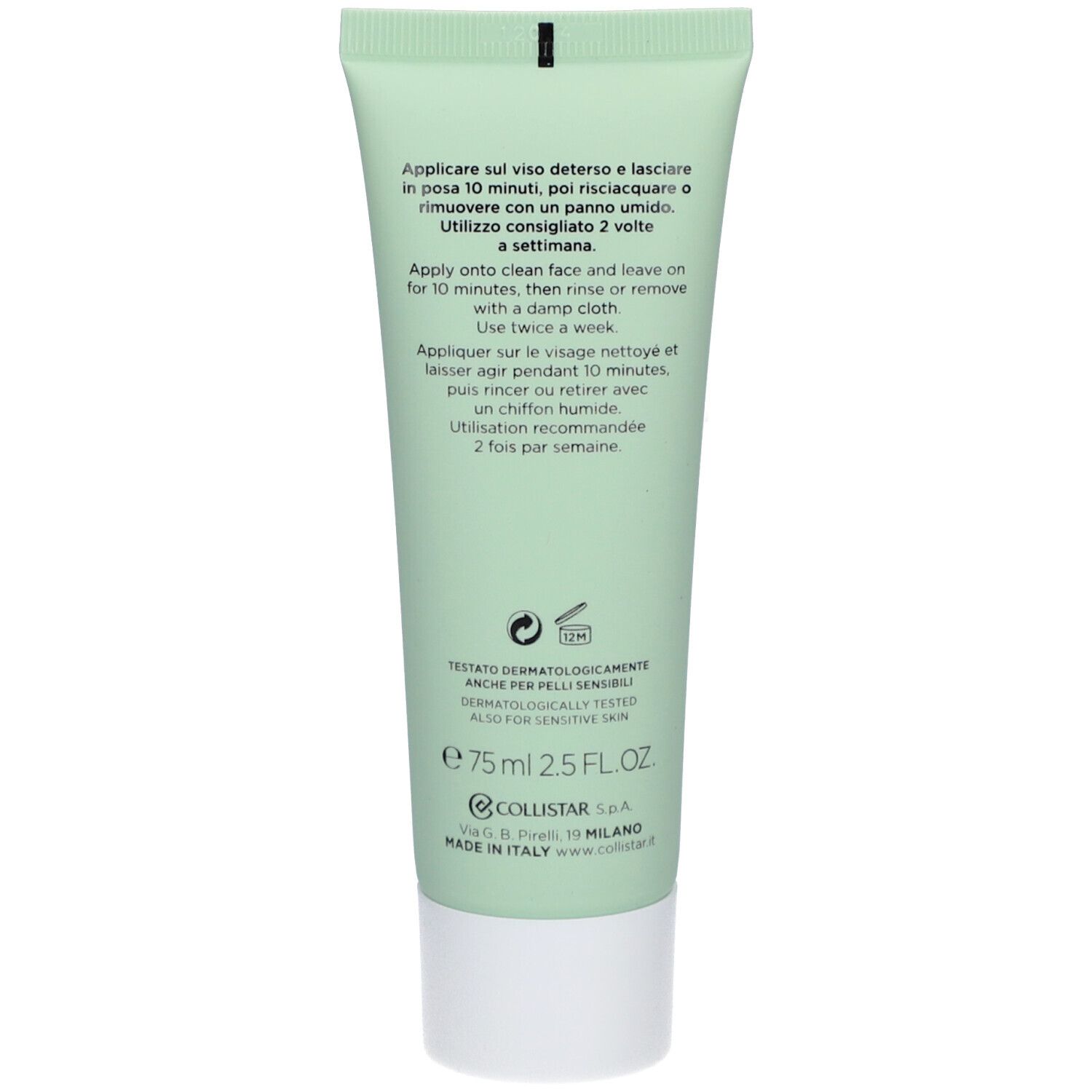 Rückseite einer grünen Tube. Text: Anwendungshinweise in mehreren Sprachen. Volumen: 75 ml. Marke: Collistar.