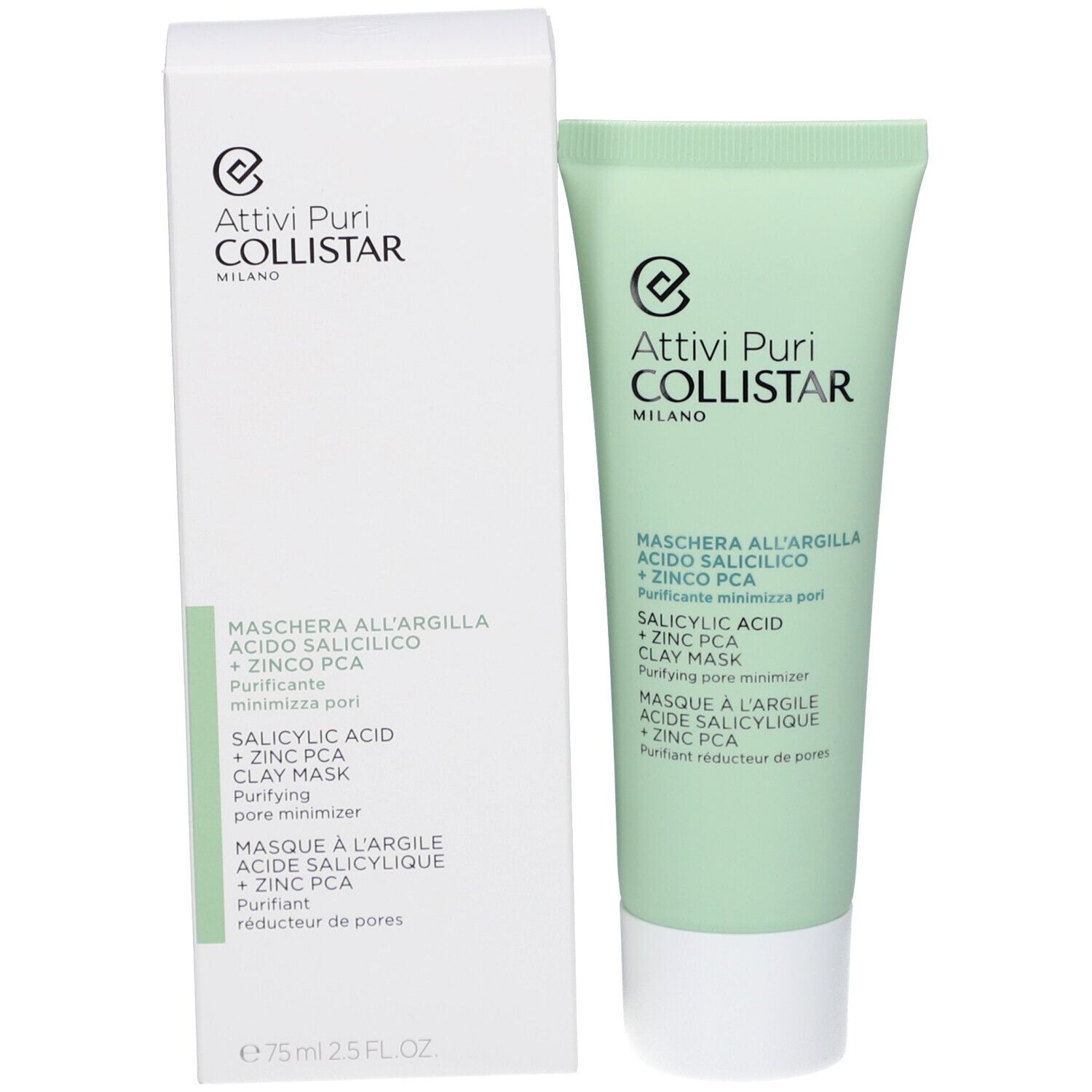 Produktverpackung mit Tube und Karton. Tube grün, Karton weiß. Text: Maschera all'Argilla, Acido Salicilico + Zinco PCA. Marke: Collistar.