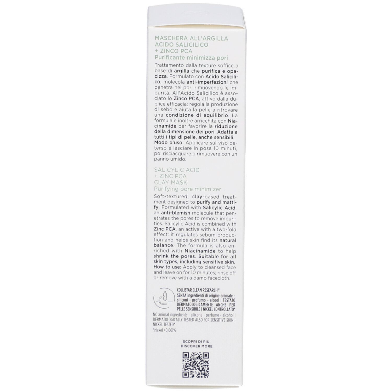 Produktverpackung, Detailansicht. Text: Anwendungshinweise und Inhaltsstoffe. Marke: Collistar.