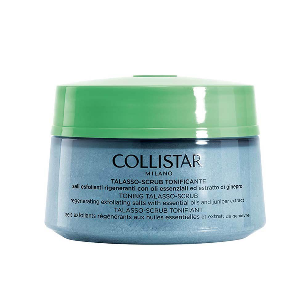 Pot bleu avec couvercle vert. Inscription : COLLISTAR, TALASSO-SCRUB TONIFICANTE.