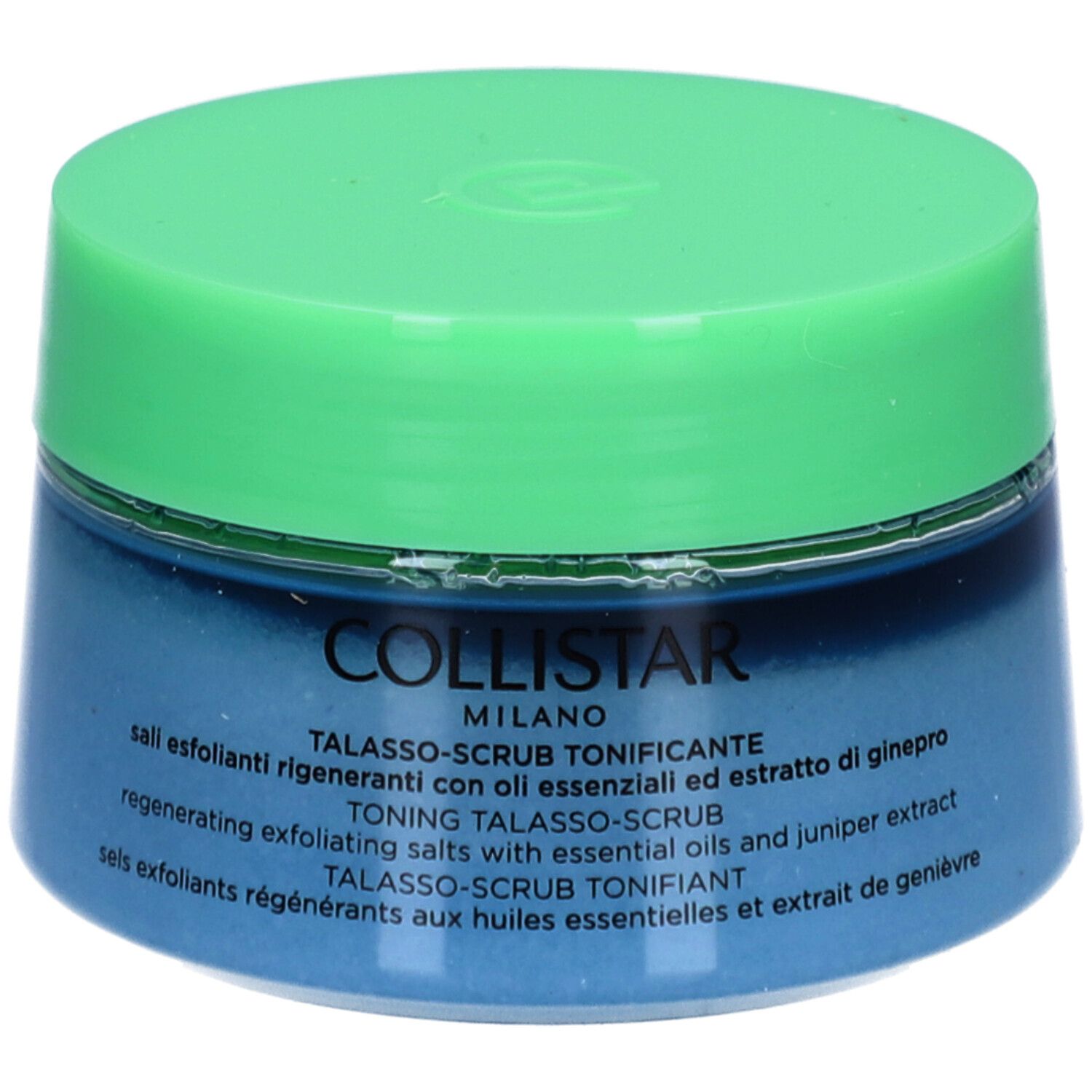 Blaues Tiegel mit grünem Deckel. Aufschrift: COLLISTAR, TALASSO-SCRUB TONIFICANTE.
