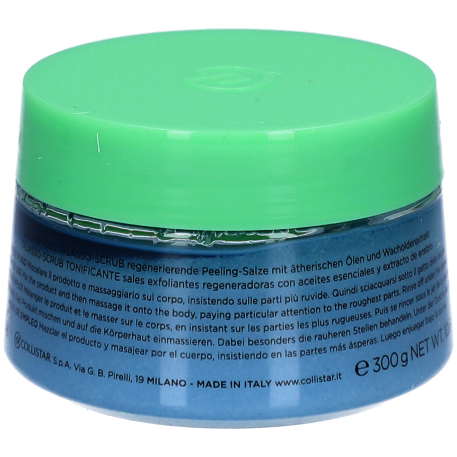 Blaues Tiegel mit grünem Deckel. Aufschrift: COLLISTAR, TALASSO-SCRUB TONIFICANTE. Text.