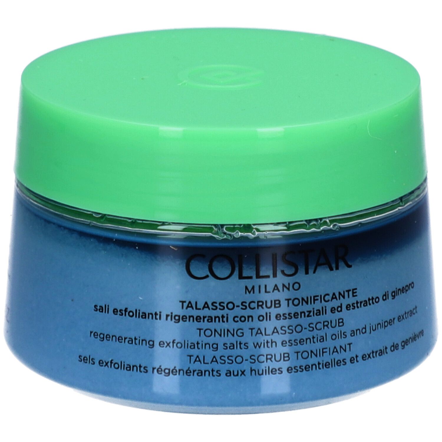 Blaues Tiegel mit grünem Deckel. Aufschrift: COLLISTAR, TALASSO-SCRUB TONIFICANTE.