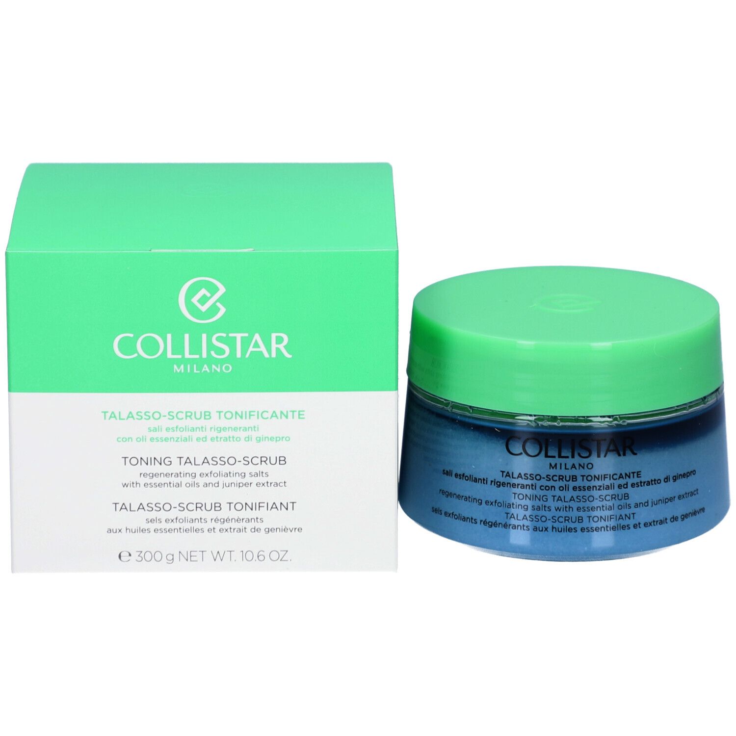 Produktverpackung und Tiegel mit grünem Deckel. Aufschrift: COLLISTAR, TALASSO-SCRUB TONIFICANTE.