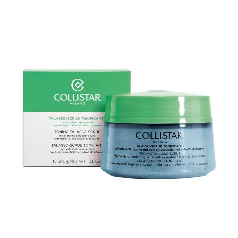 Emballage et pot avec couvercle vert. Inscription : COLLISTAR, TALASSO-SCRUB TONIFICANTE.