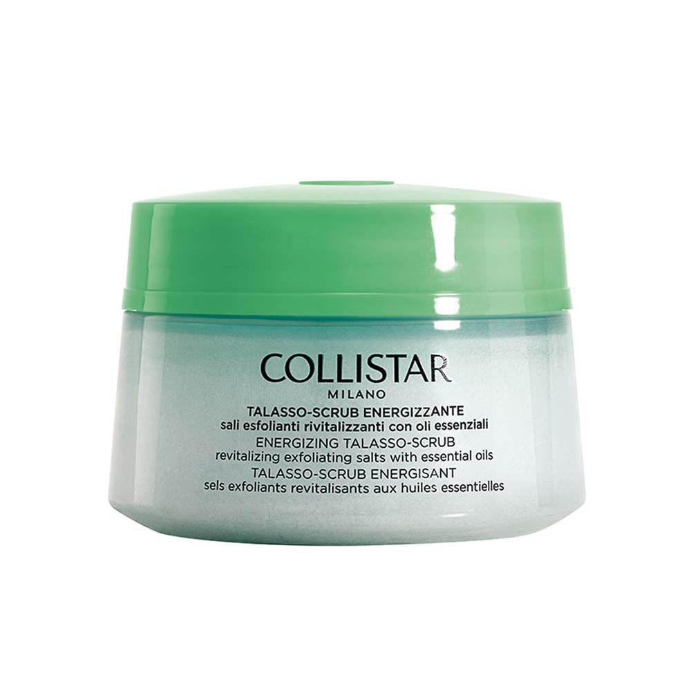 Pot bleu avec couvercle vert. Inscription : COLLISTAR, TALASSO-SCRUB ENERGIZZANTE.