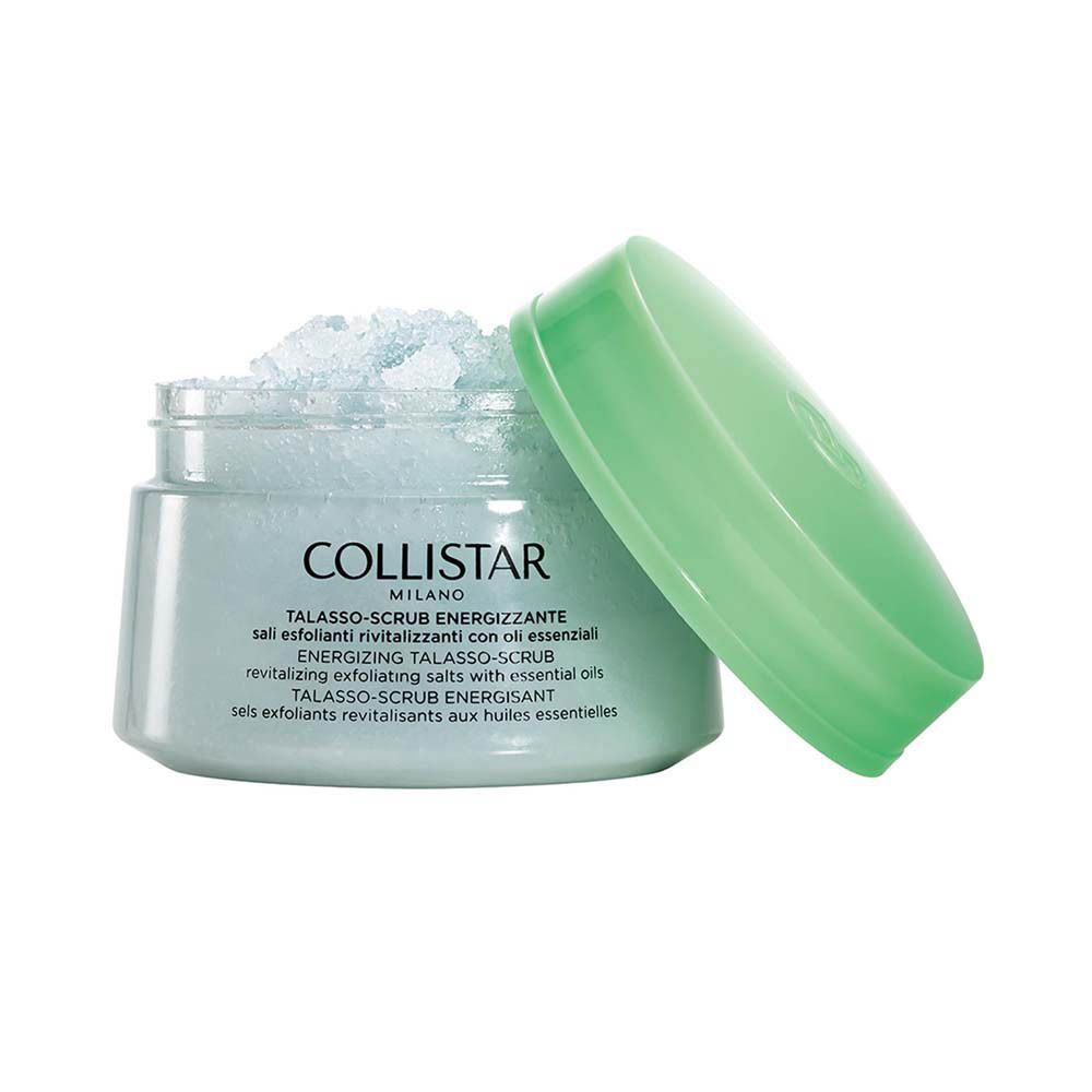 Pot avec couvercle vert, ouvert. Produit visible. Inscription : COLLISTAR, TALASSO-SCRUB.