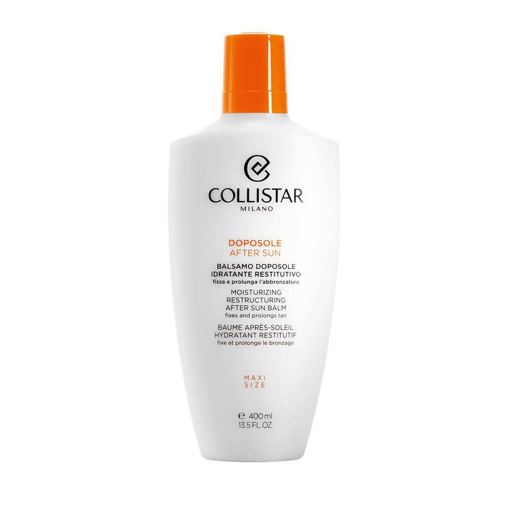Flacon blanc avec bouchon orange. Inscription: Collistar, Après-Soleil, Baume Hydratant Restitutif. Contenance: 400ml.