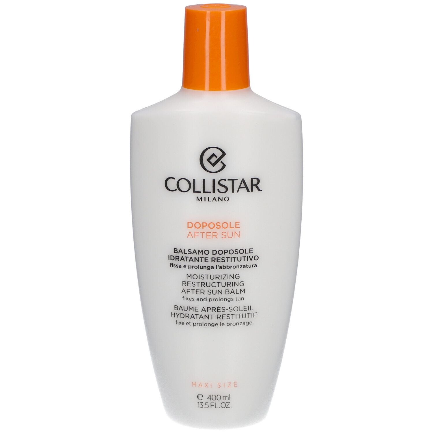 Weiße Flasche mit orangefarbenem Deckel. Aufschrift: Collistar, After Sun, Balsamo Doposole, Hydratant Restitutif. Volumen: 400ml.
