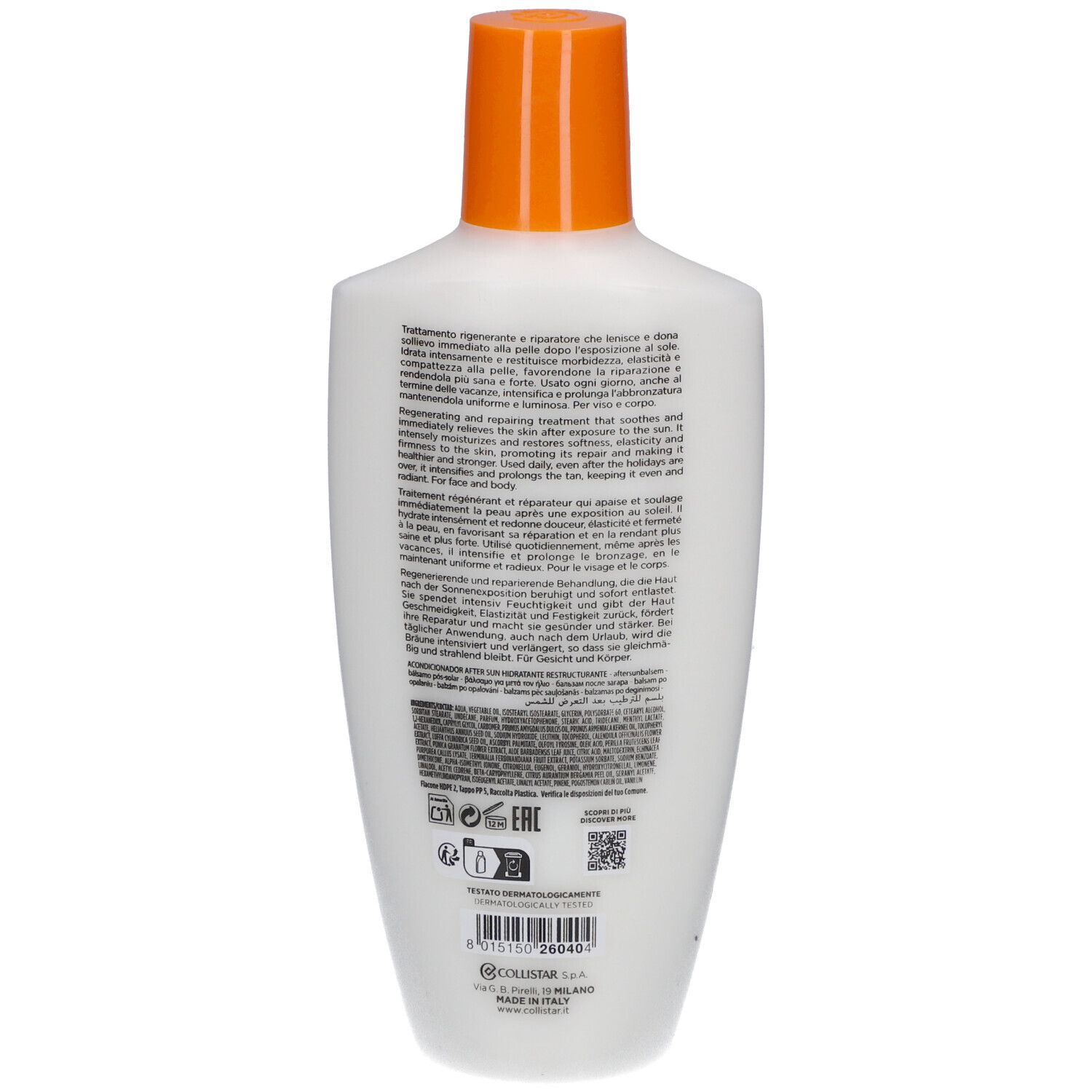 Rückseite der weißen Flasche mit Text. Enthält Informationen über das Produkt und die Inhaltsstoffe. Mit QR-Code und Logo.